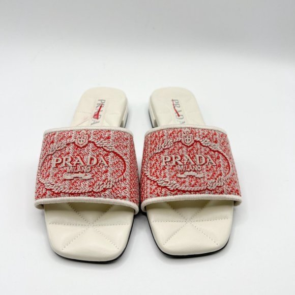PRADA Logo Jacquard Slide Sandal White and Red Store Display Shoe - Picture 3 of 13